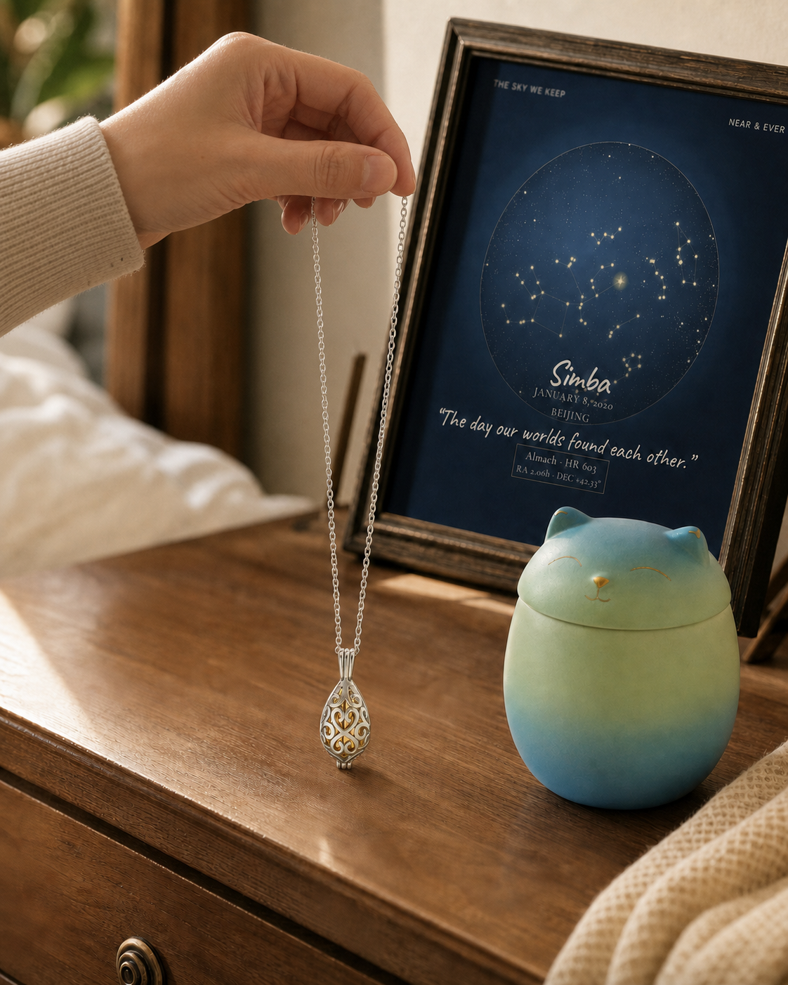 A hand holding a memorial necklace beside Simba's personal Star Map and a pet keepsake urn