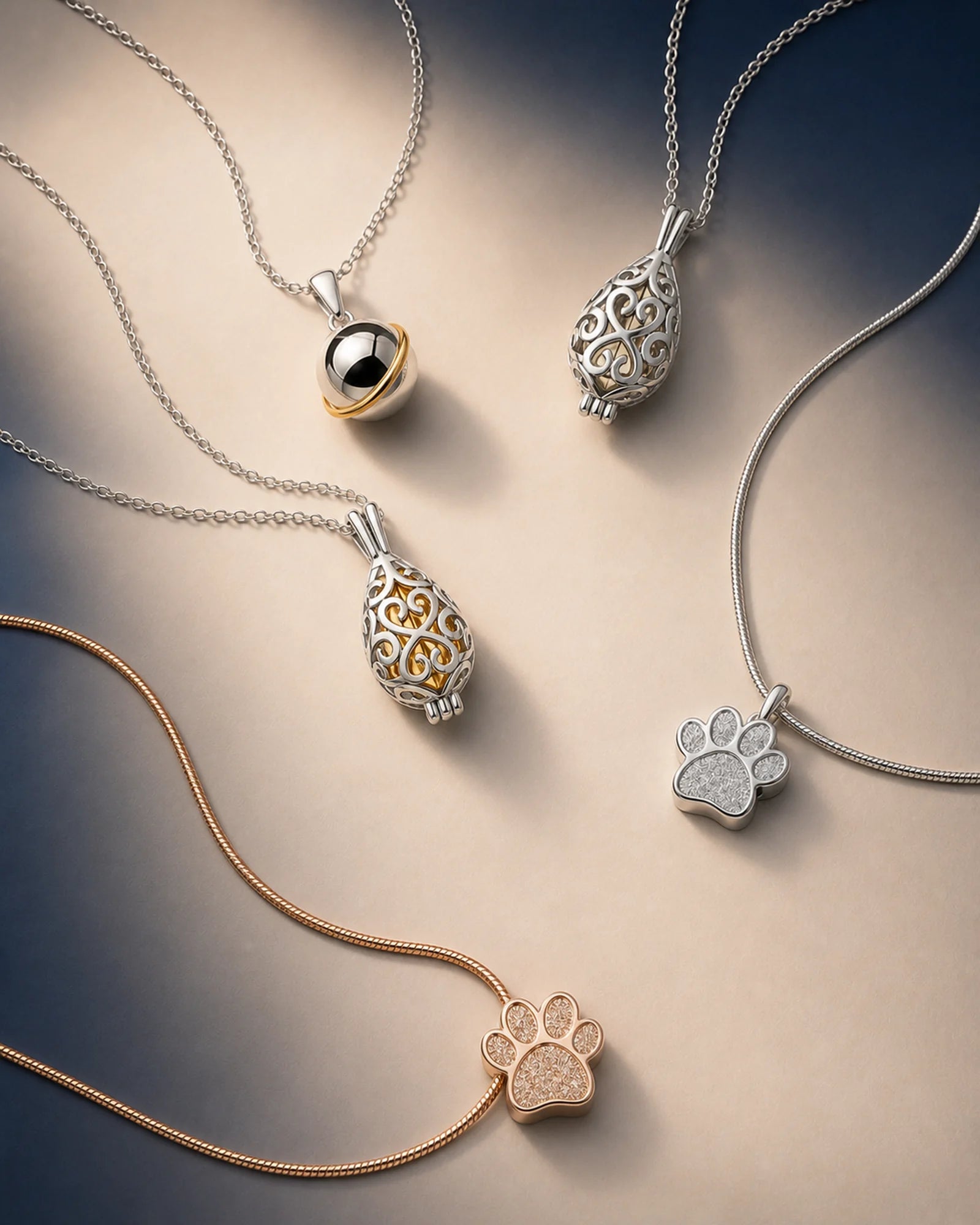 Collection of five keepsake necklaces in silver, gold-detail and rose-gold finishes