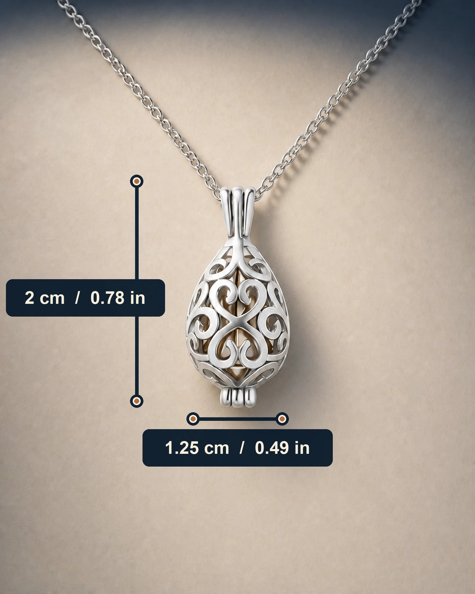 Lotus keepsake necklace size guide with pendant measurements