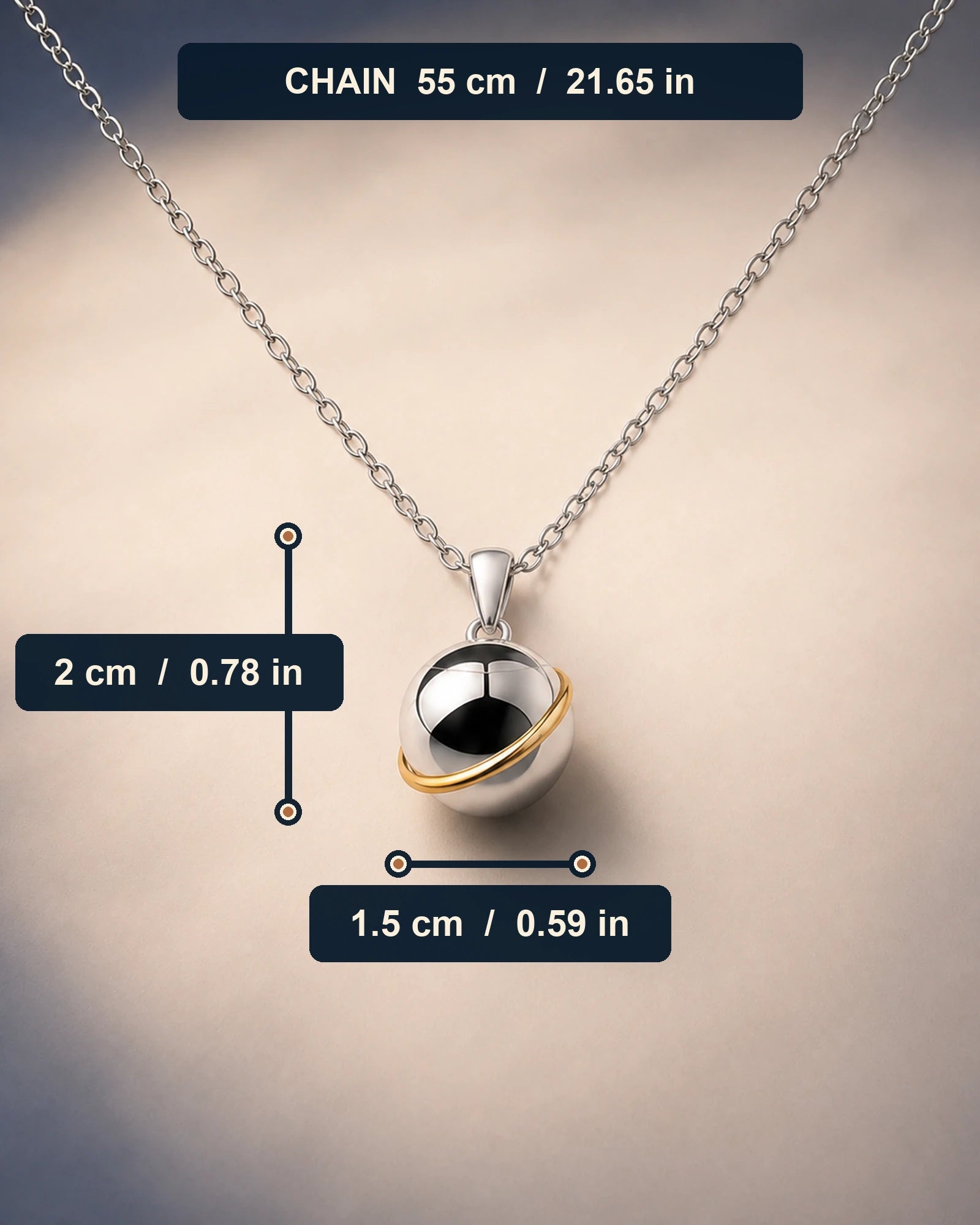 Orbit keepsake necklace size guide with pendant and chain measurements