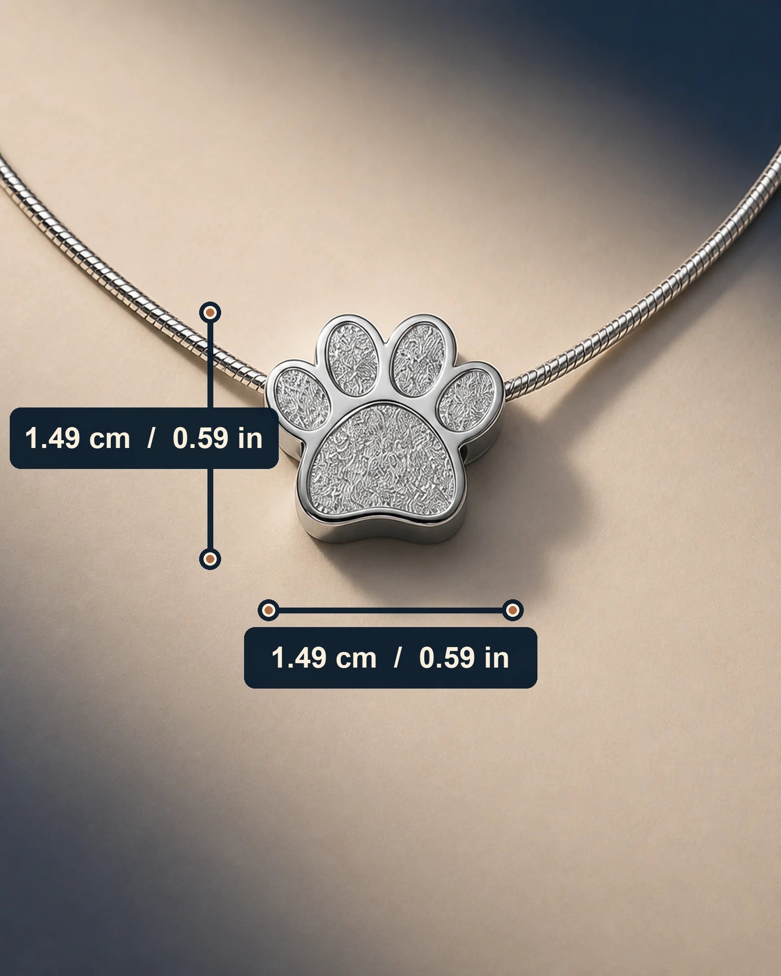 Paw Square keepsake necklace size guide with pendant measurements