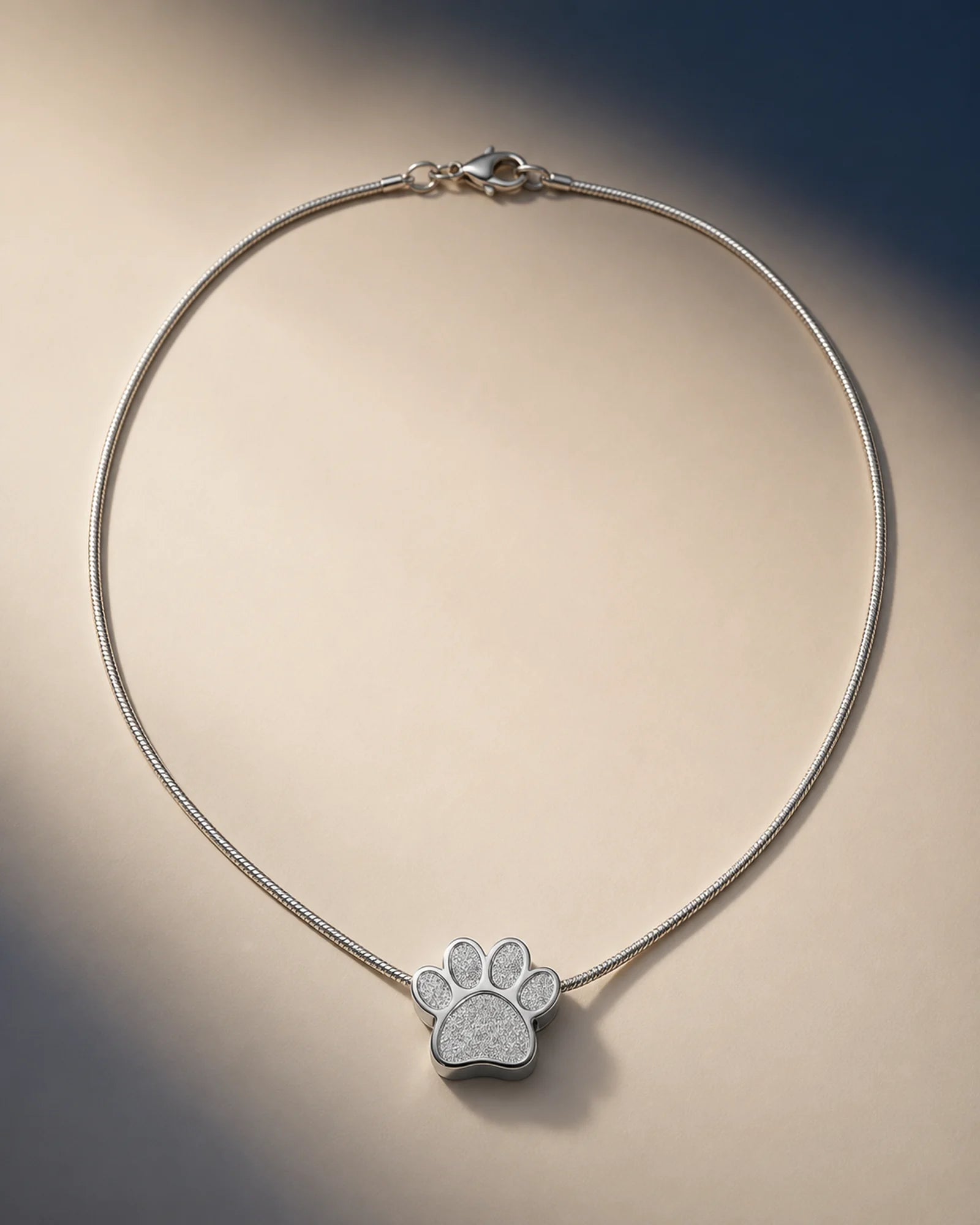 Small silver square keepsake necklace with a paw-shaped center
