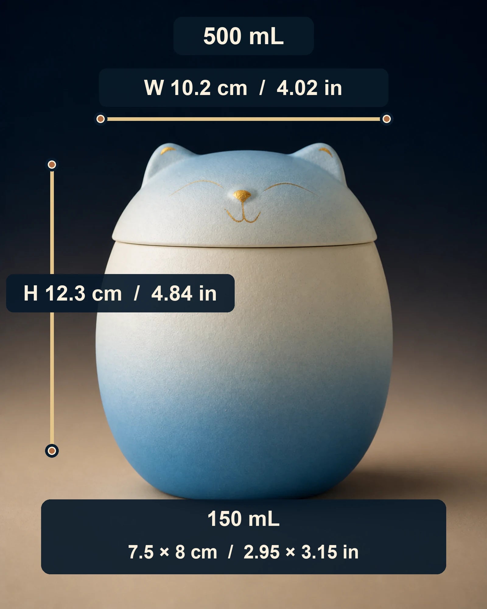 Moonlit Cat memorial urn size guide with width, height and capacity references