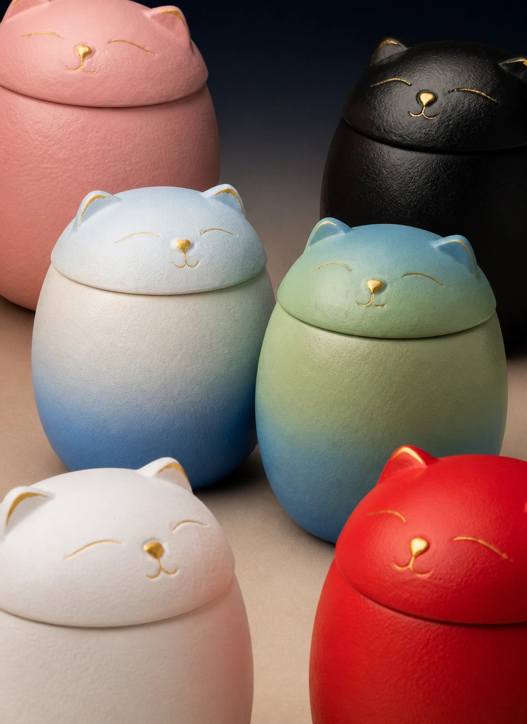 Artistic arrangement of blue-gradient Moonlit Cat memorial urns