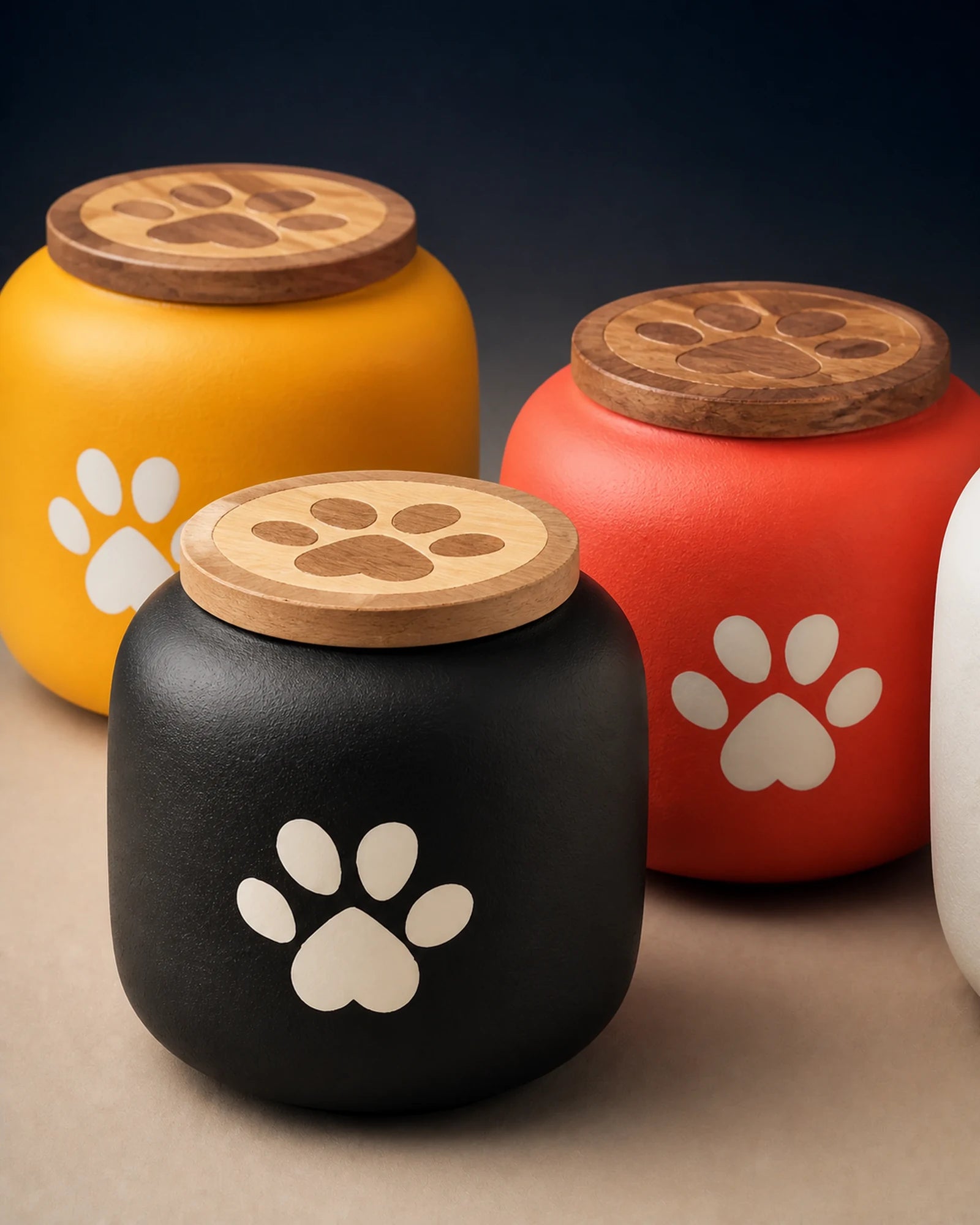 Artistic cluster of black, yellow, red and white pawprint memorial urns