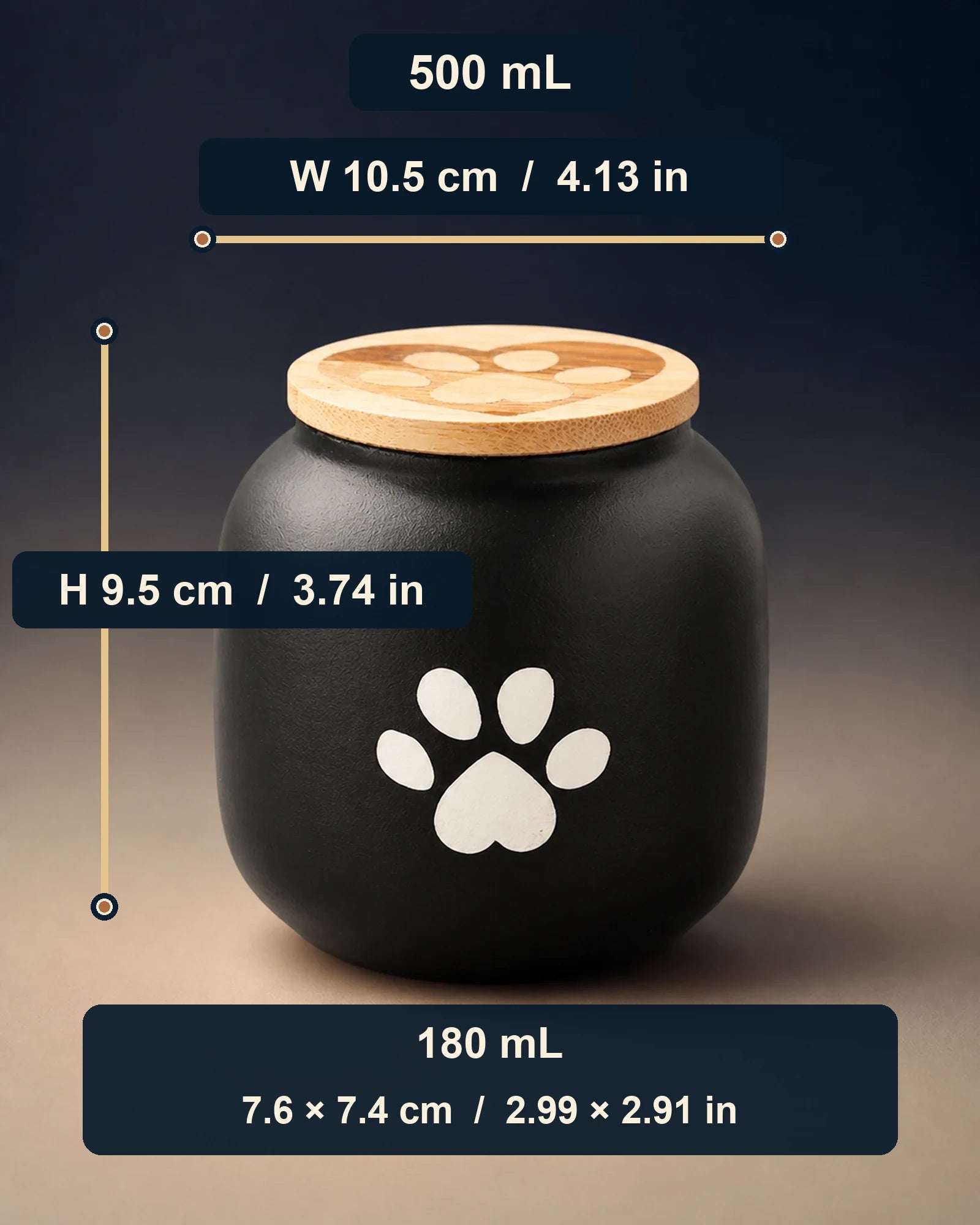 Pawprint memorial urn size guide with width, height and capacity references