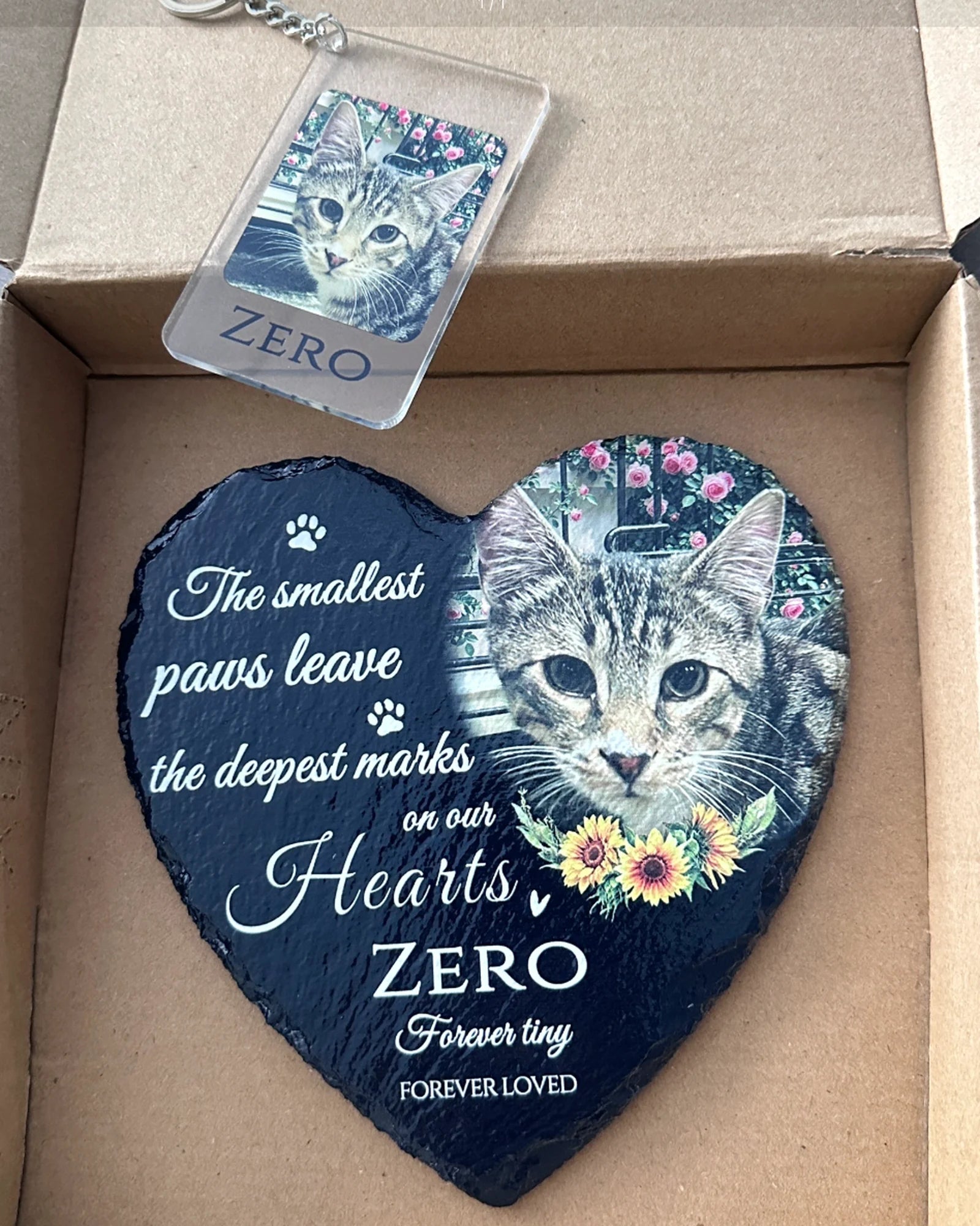Customer-shared personalized heart memorial stone for a cat named Zero