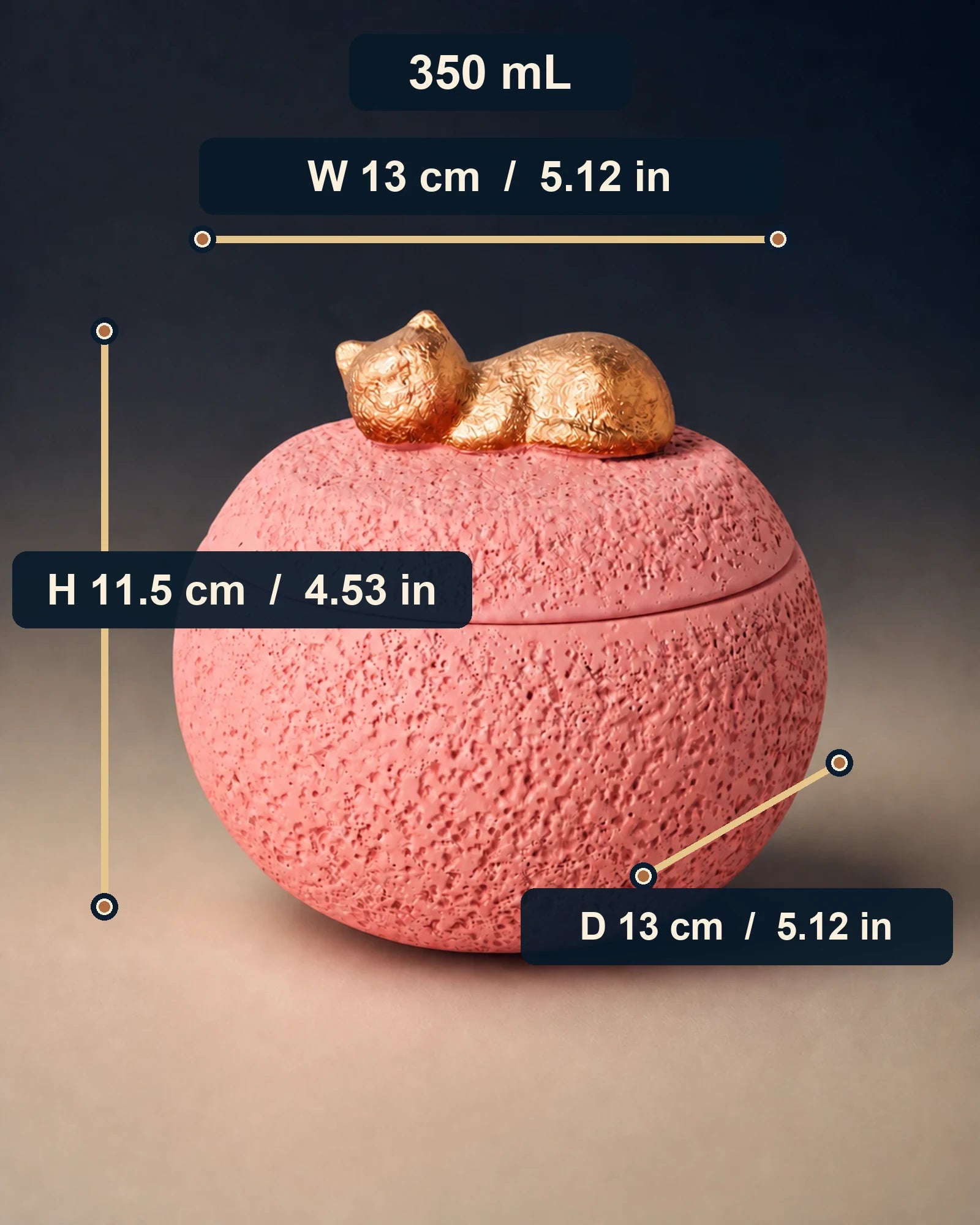 Sleeping Companion urn size guide showing width, depth, height and 350 mL capacity